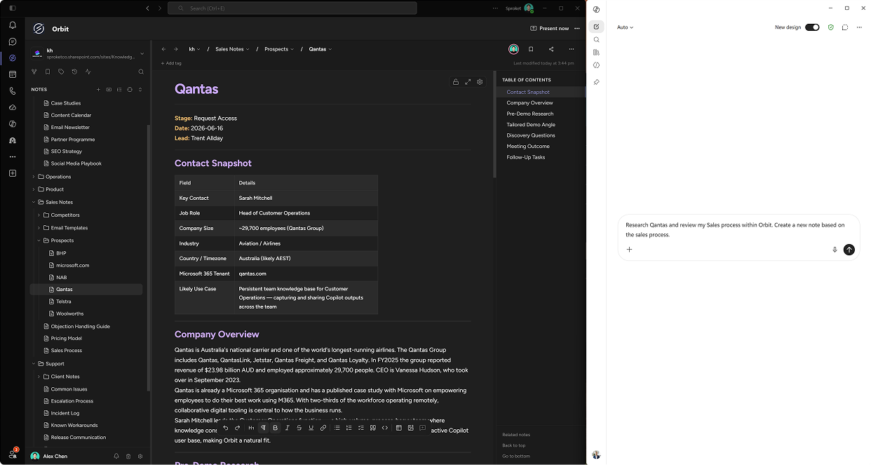 An AI assistant updating a note in Sprocket Orbit through MCP, with the edited document shown alongside